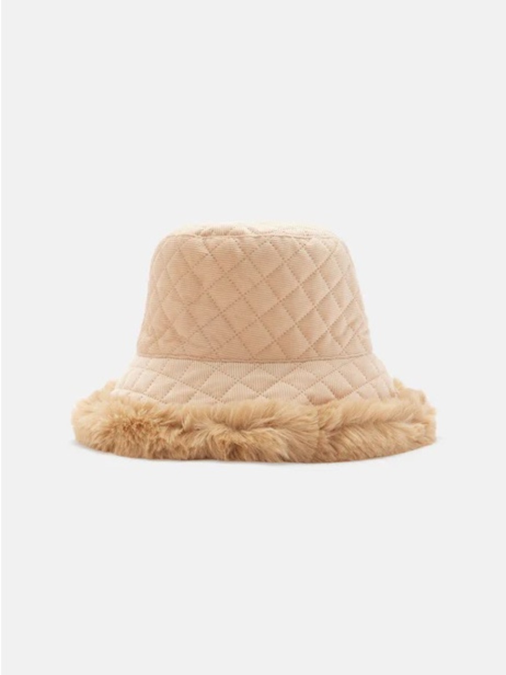 Fashion Nova Quilted Bucket Hat with Faux Fur Trim - Beige